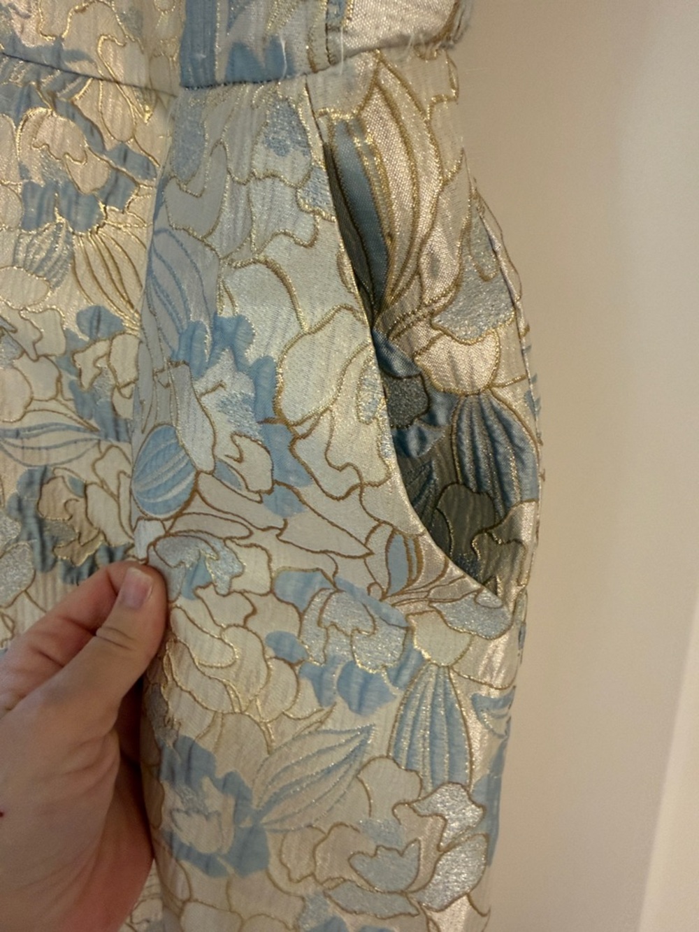 Vince Camuto Gold and Light Blue Floral Brocade Fit-and-Flare Dress - Picture 2 of 4